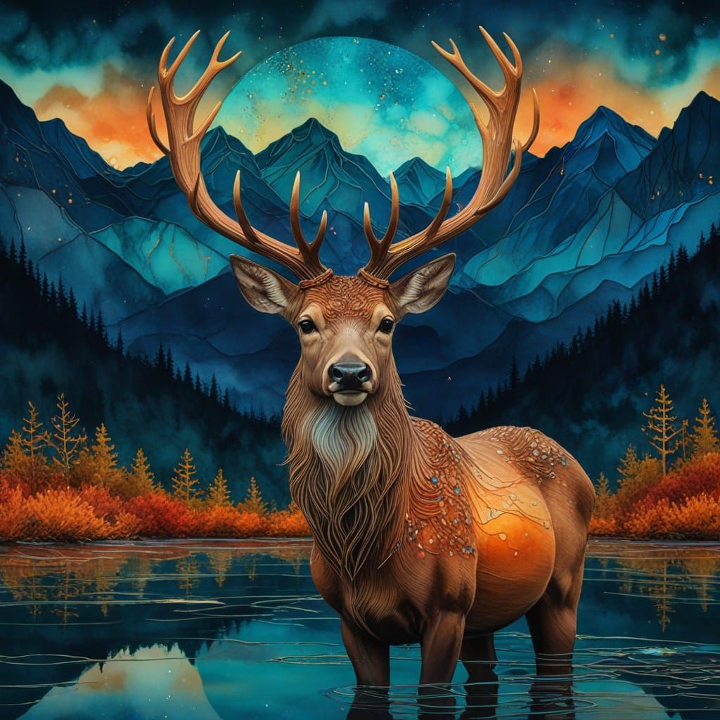 Stag Deer in Alcohol Ink Sunset Landscape
