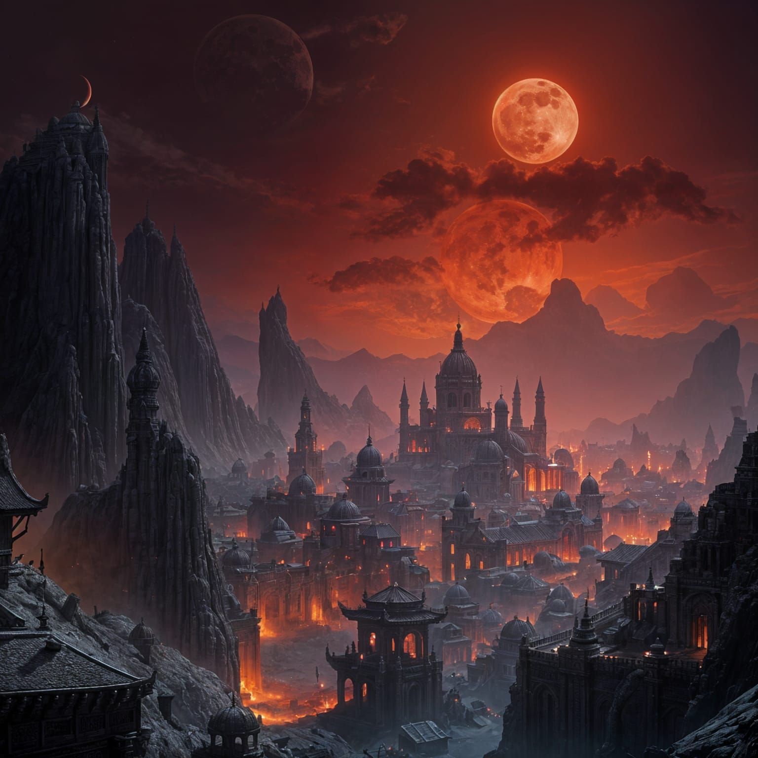 Fantastical Cityscape in a Blood Moon Inferno