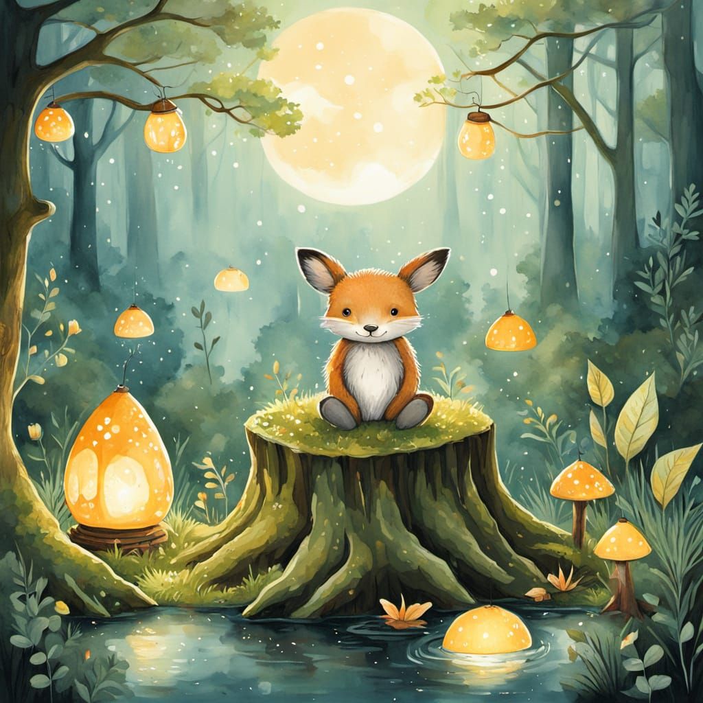 Whimsical Watercolor Forest Spirit in Twilight