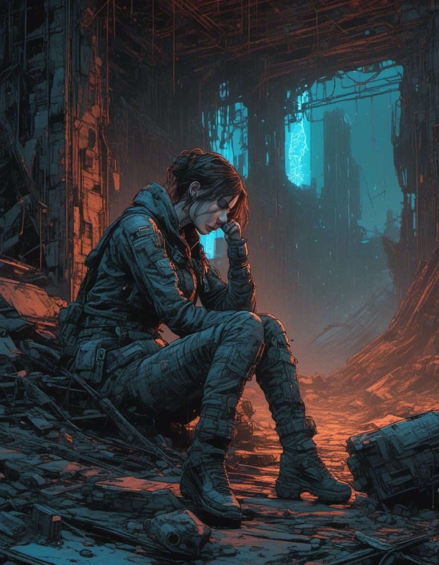 Distraught Cyborg Woman in Ruined City