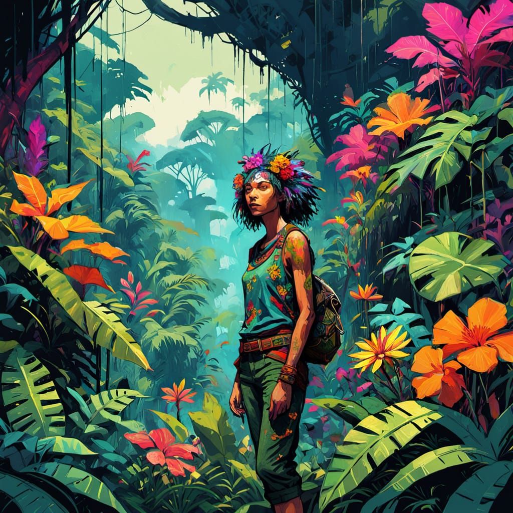 Stylized Jungle Concept Art with Fairy in Punk Aesthetic