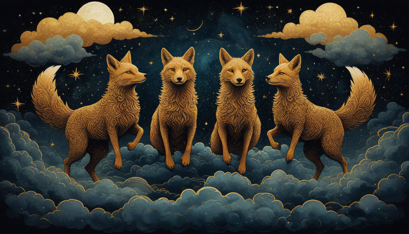 Symmetrical Portrait of Golden Foxes in Cosmic Landscape