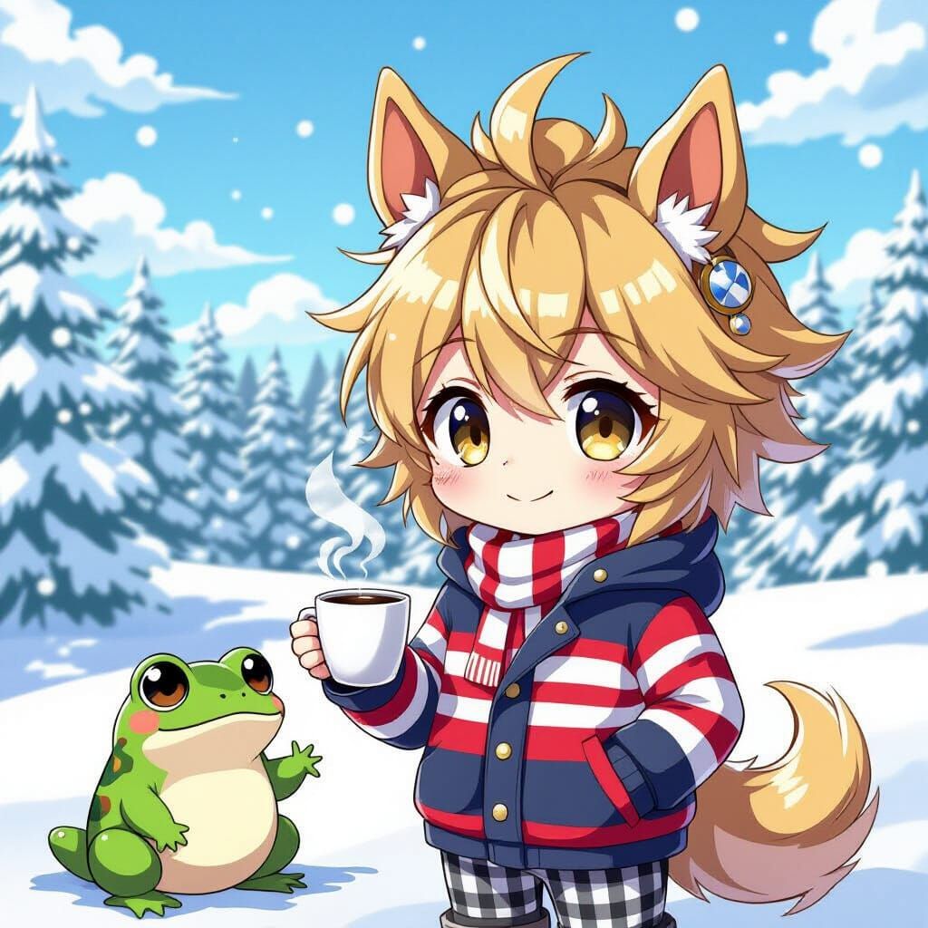 Chibi Anime Boy in Striped Jacket with Frog Companion