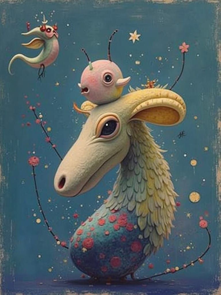 Whimsical Surrealist Fantasy Scene in Mid Century Minimalist...