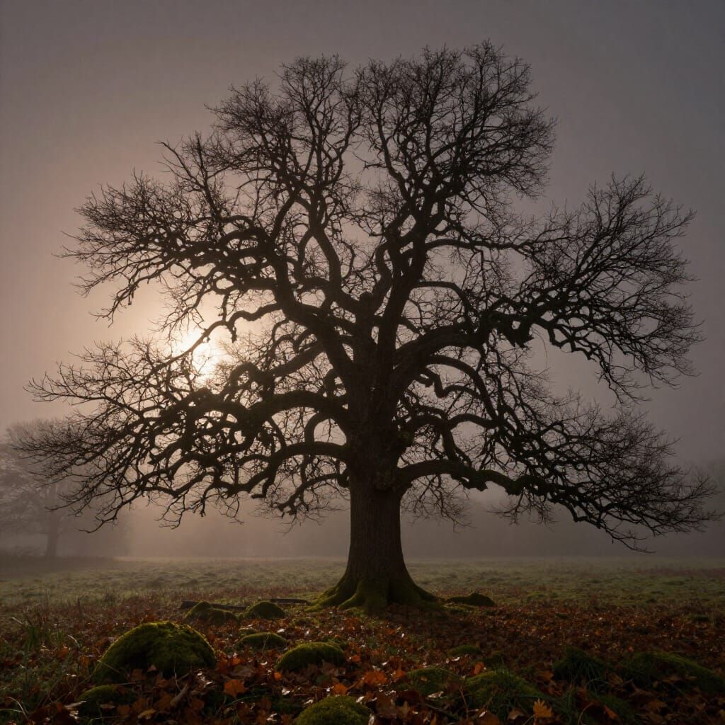 Ancient Tree in Misty Twilight Clearing