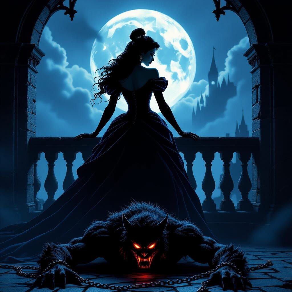 Villain Belle Commands Monstrous Beast in Gothic Art Style