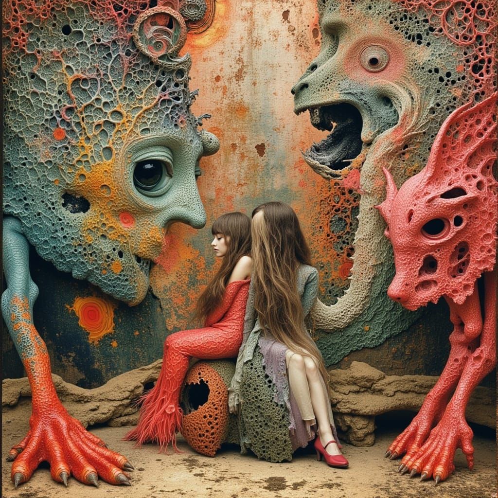 Elven Child Between Monsters in Surreal Art Gallery