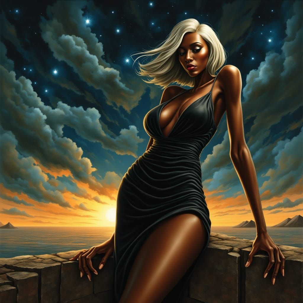 Black Woman in Platinum Hair Under Starry Night Sky