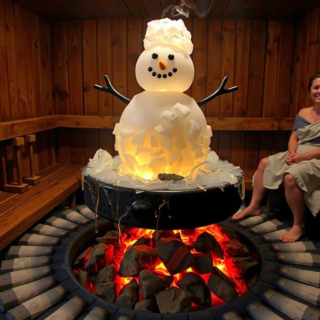 Surreal Sauna Scene with Melting Snowman and Steam