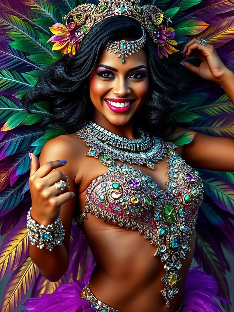 Exotic Brazilian Carnival Queen in Vibrant Costume, Iridesce...