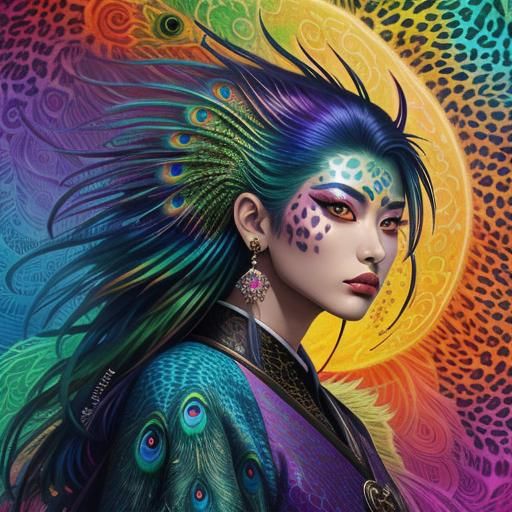 Colorful Asian Woman with Dragon Scales, Astral Illustration