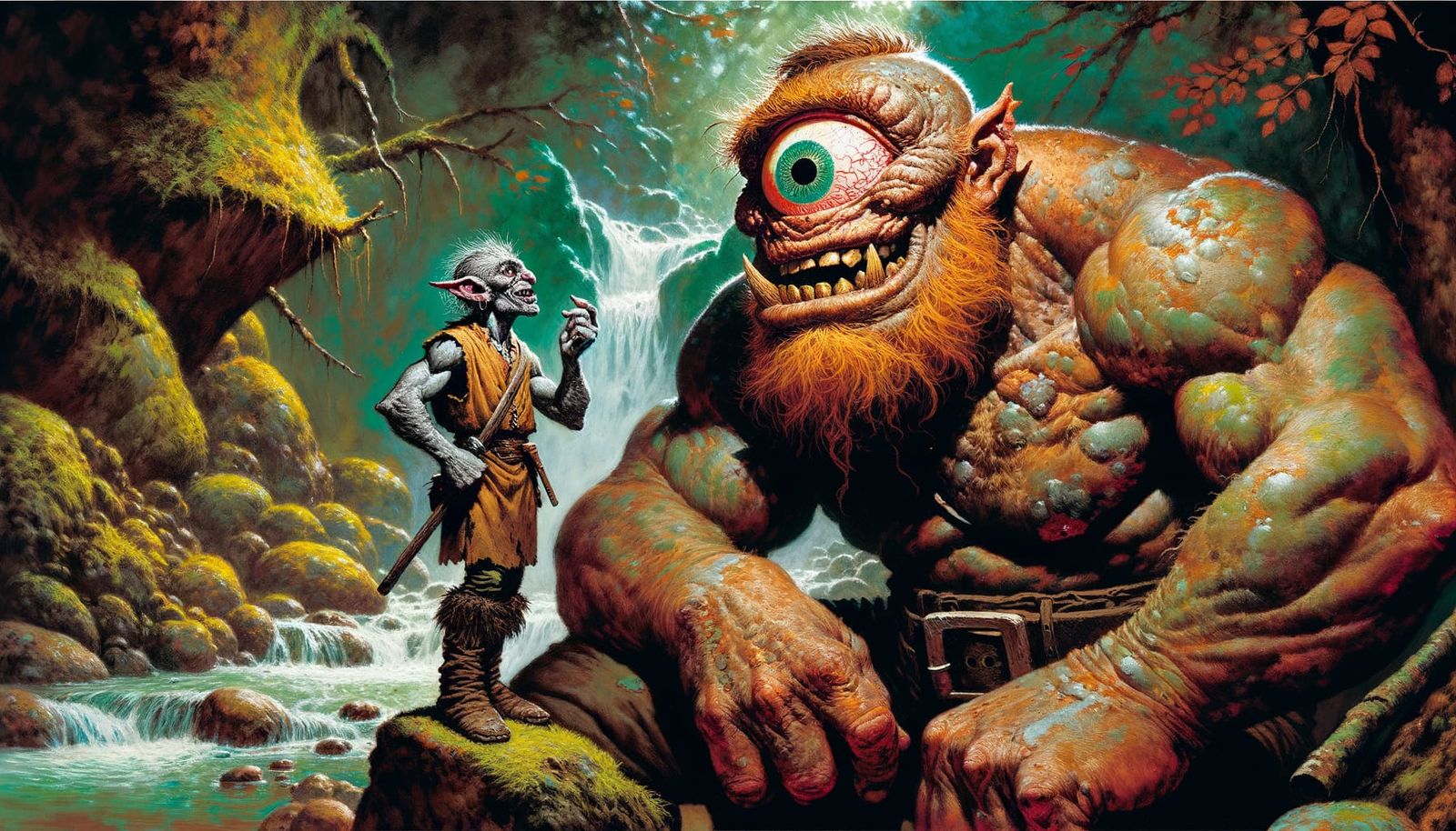 Muscular Cyclops Chats With Goblin in Vivid Fantasy Woodland