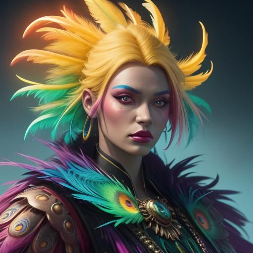 Colorful Woman with Dragon Peacock in Fantasy Realism
