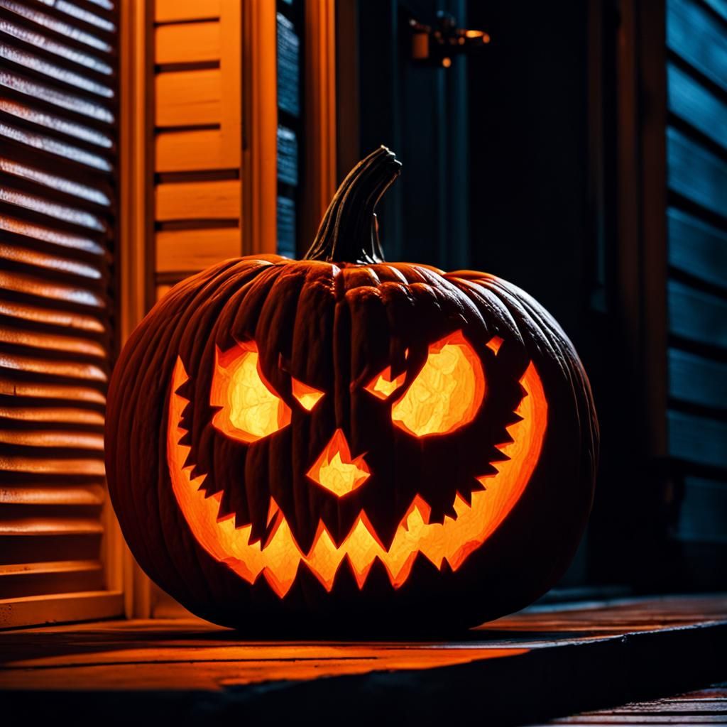 Neo Jack-o'-Lantern in Rainy Halloween Night