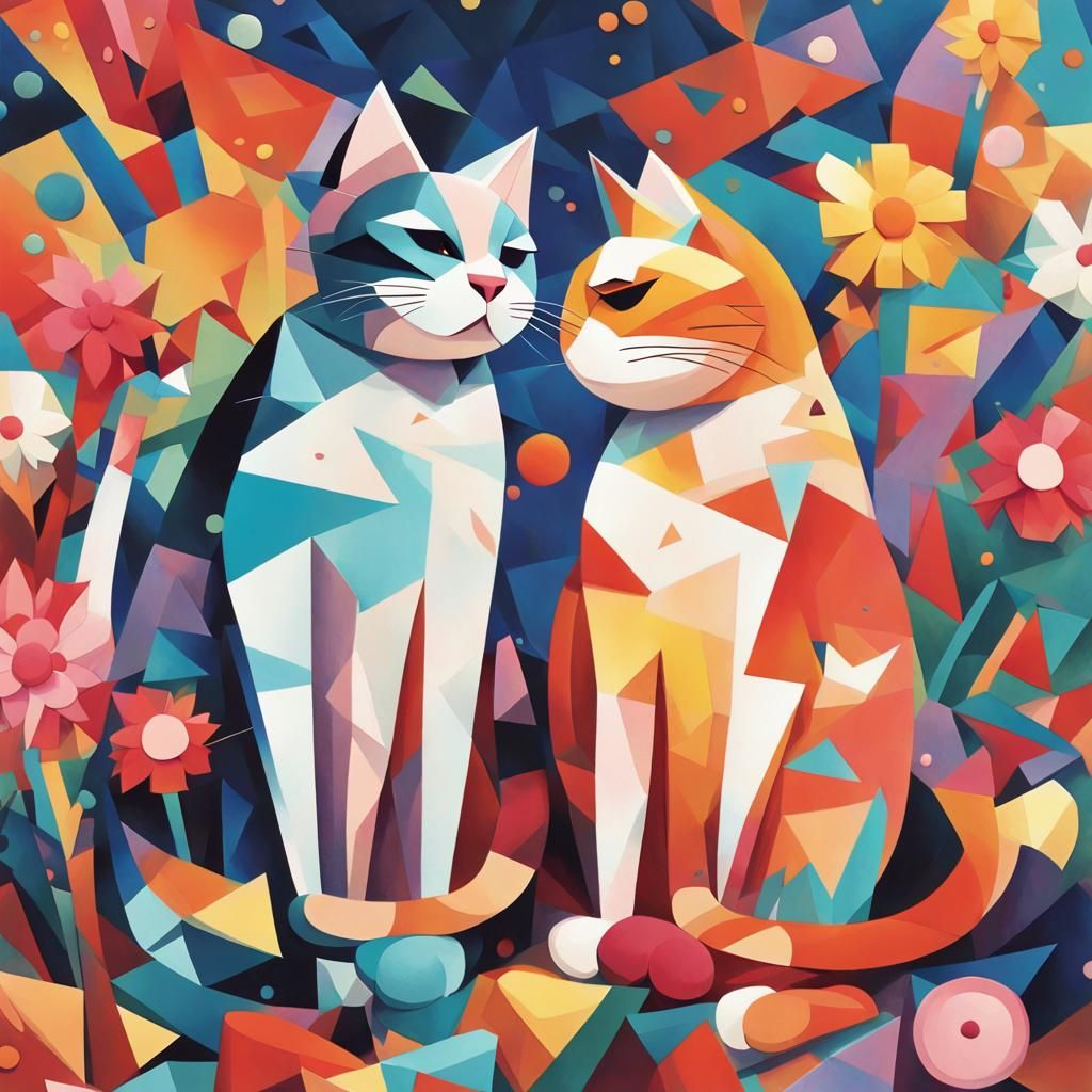 Cats Playing in Confetti: A Cubist Painting