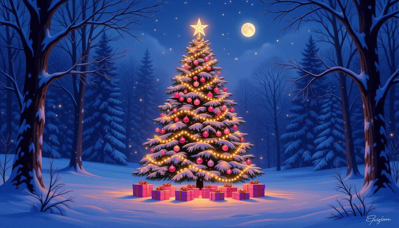 Majestic Christmas Tree in Snowy Forest Clearing