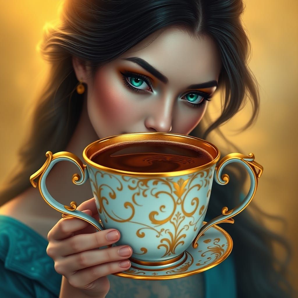 Ornate Coffee Cup in Atmospheric Matte Painting Style