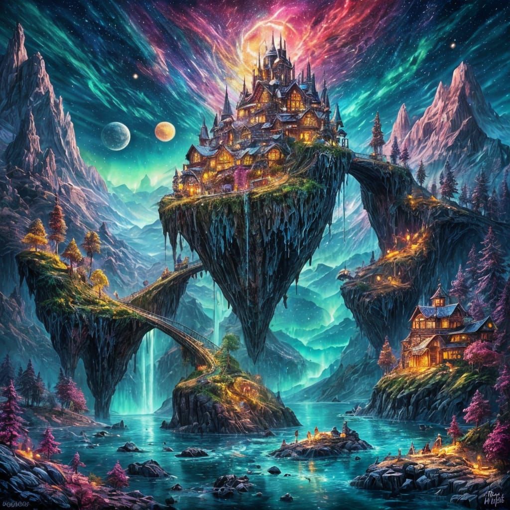 Floating Islands with Aurora Borealis in Graffiti Art