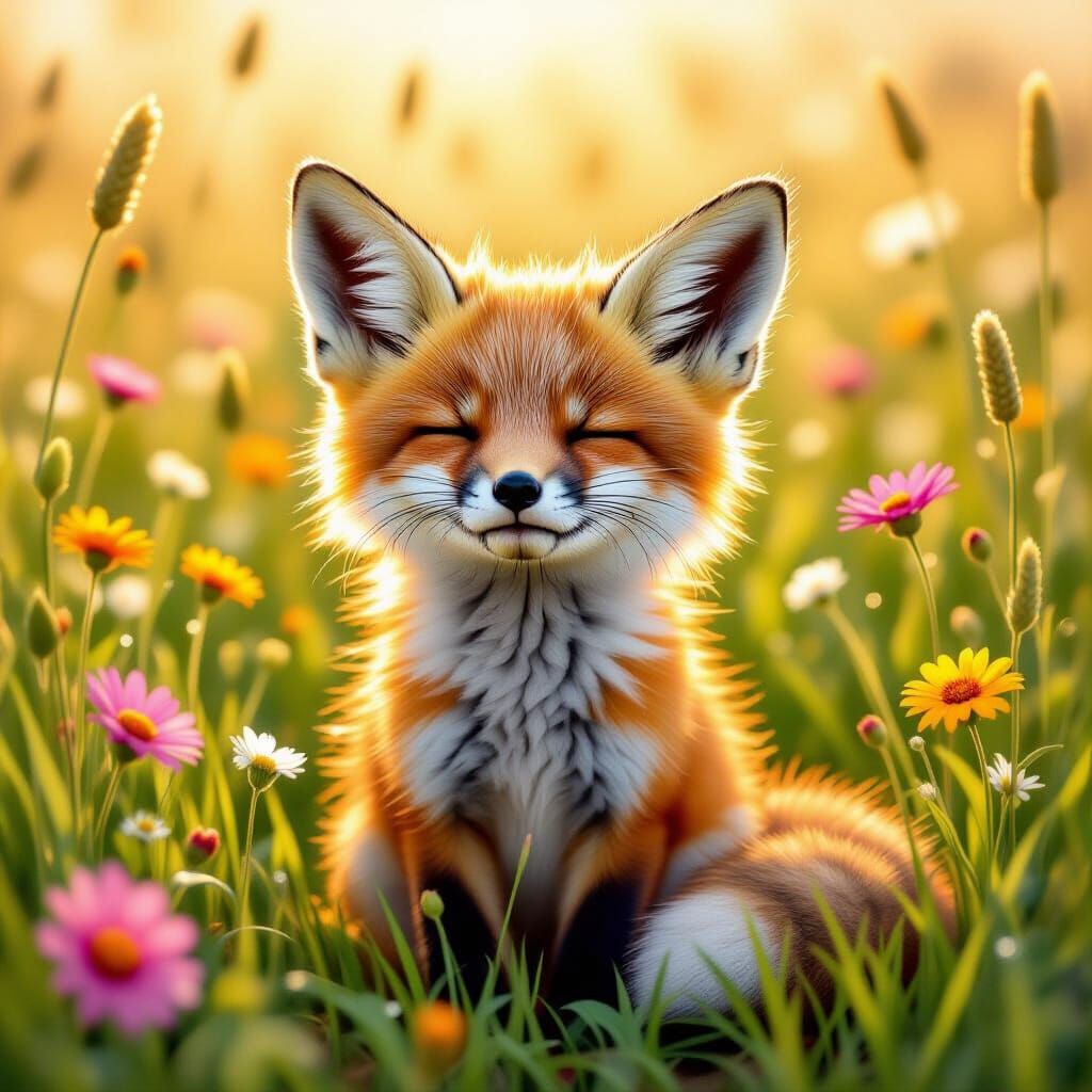 Fox Cub in Summer Meadow, Oil Painting Style