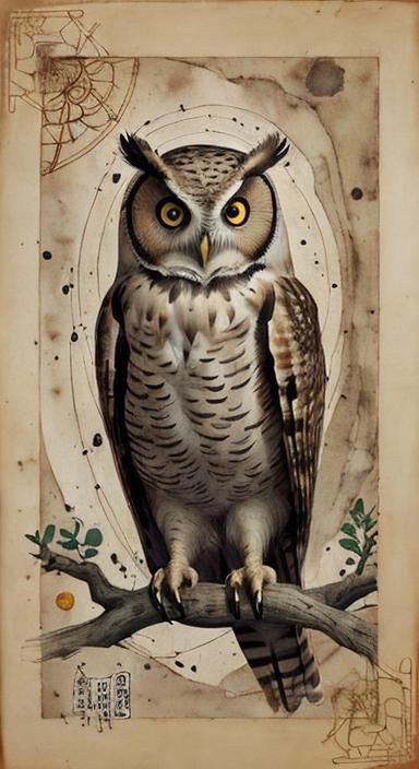 Owl on Papyrus in Ancient Art Style