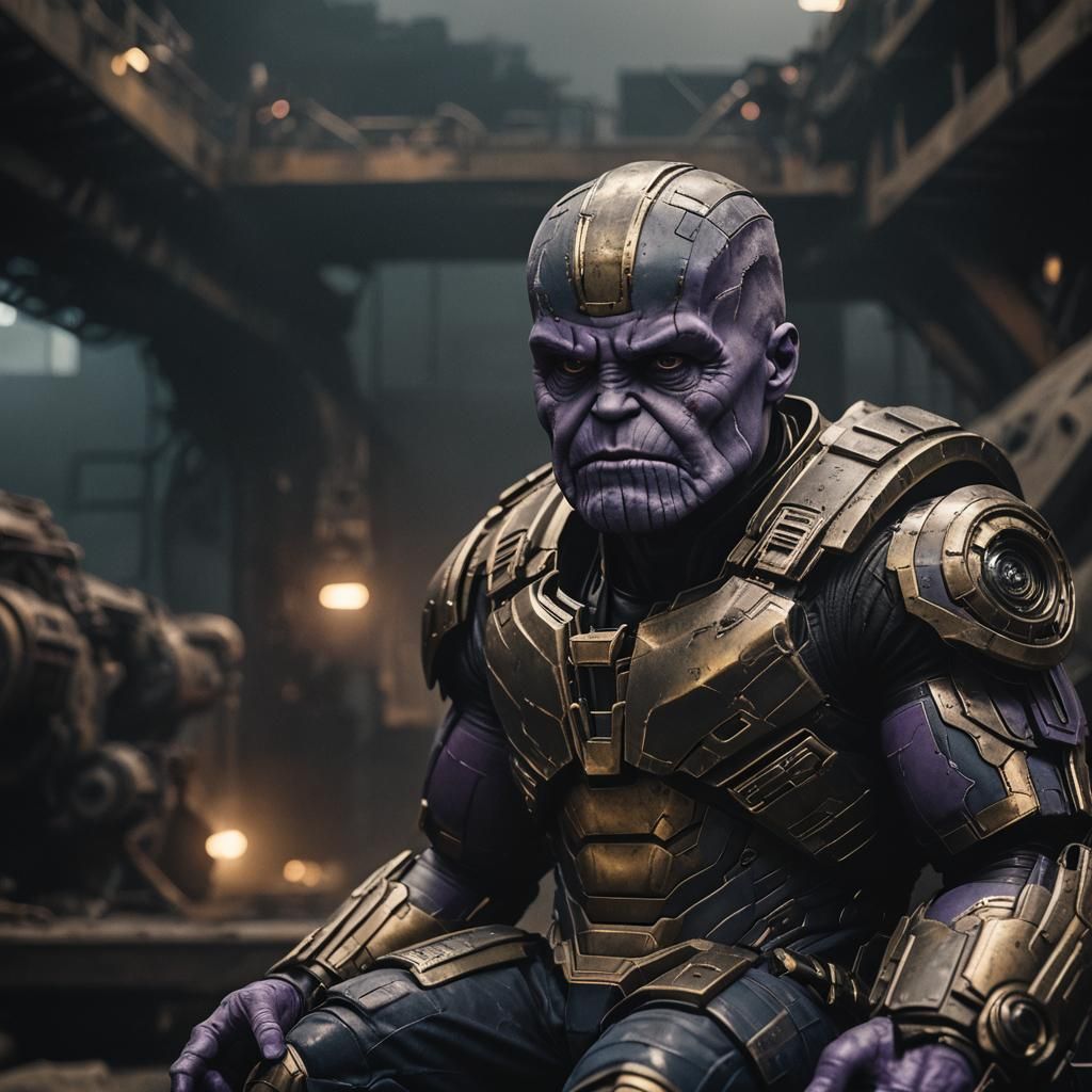 Baby Thanos with War Machine in Industrial Setting
