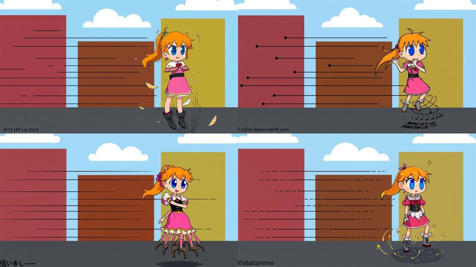 Cartoon Woman Uses Dress as Parachute in Anime Style