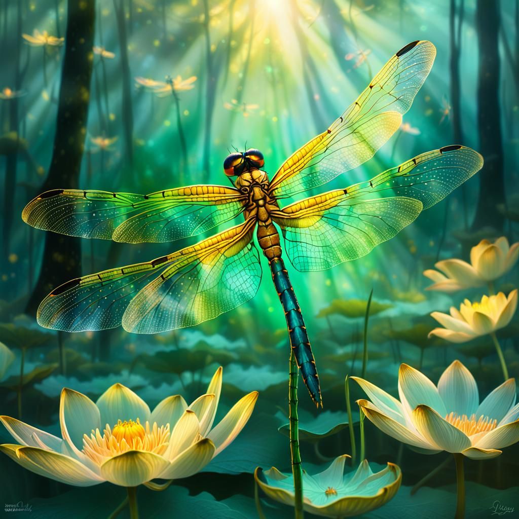 Golden Dragonfly in Surreal Dreamlike Forest