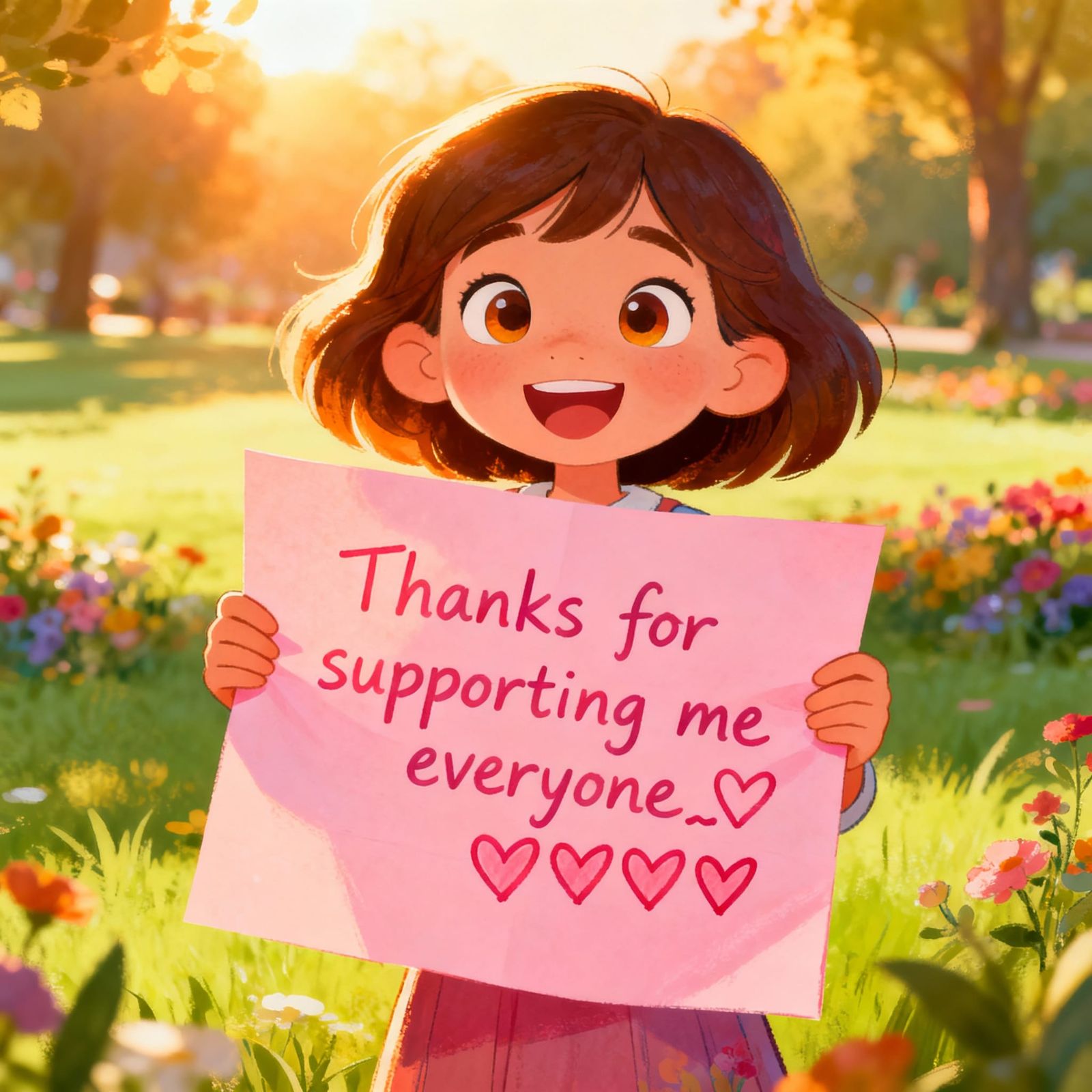Cute Girl Holding 'Thanks' Sign in Sunny Park