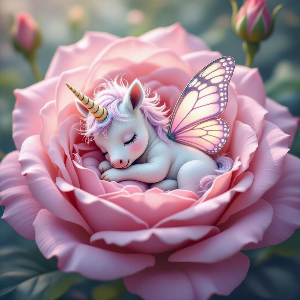 Baby Unicorn Sleeps in Rose, Dreamy Photorealistic Fantasy