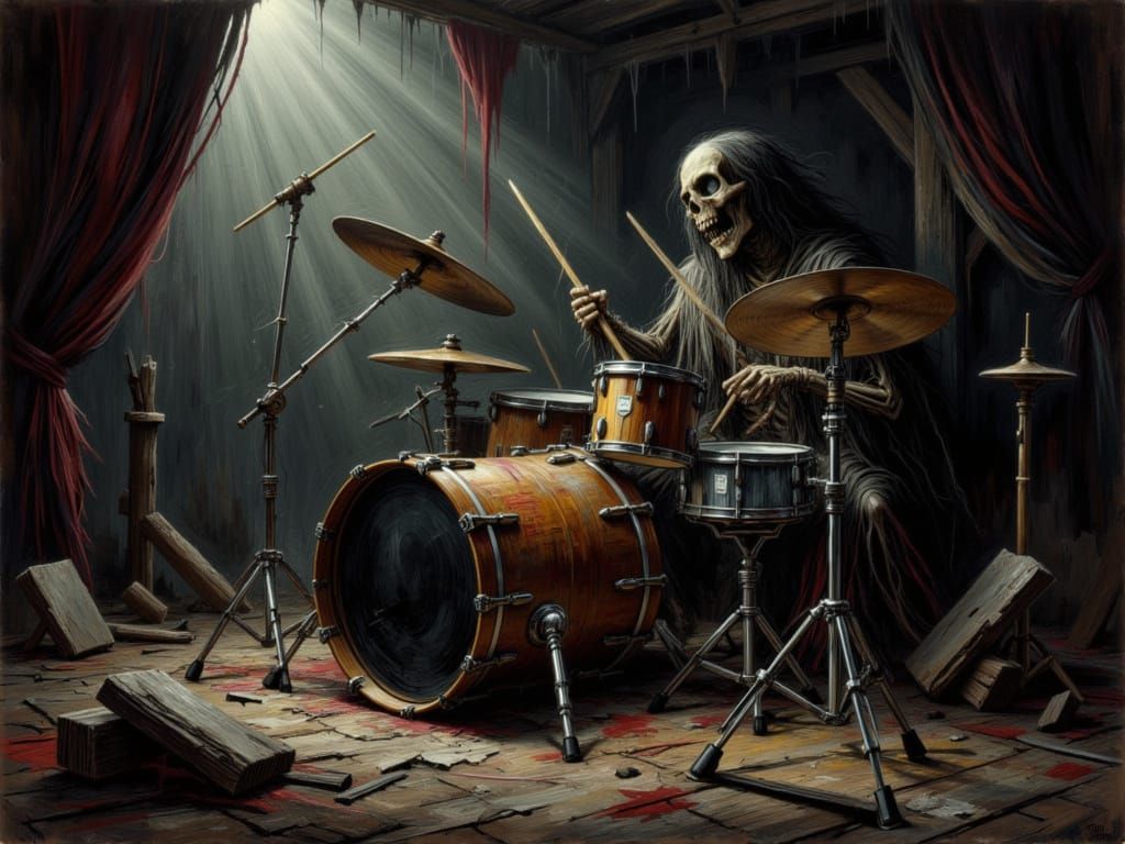 Skeleton Drummer in Surreal Abandoned Theatre
