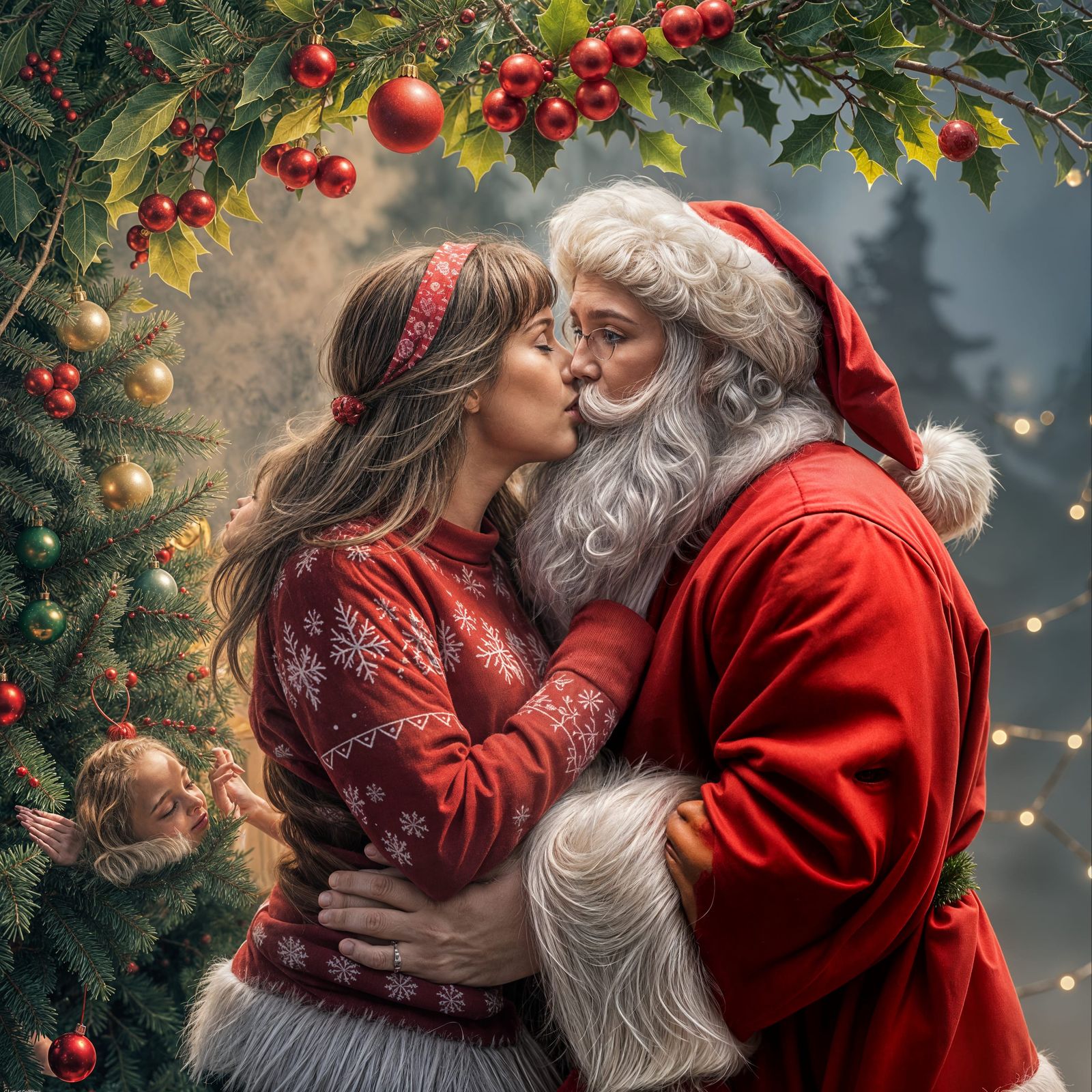 Sensual Mistletoe Moment Between a Loving Mother and Jolly S...