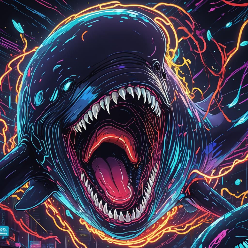 Neon Whale Swallowing Jonah in Retrowave Style