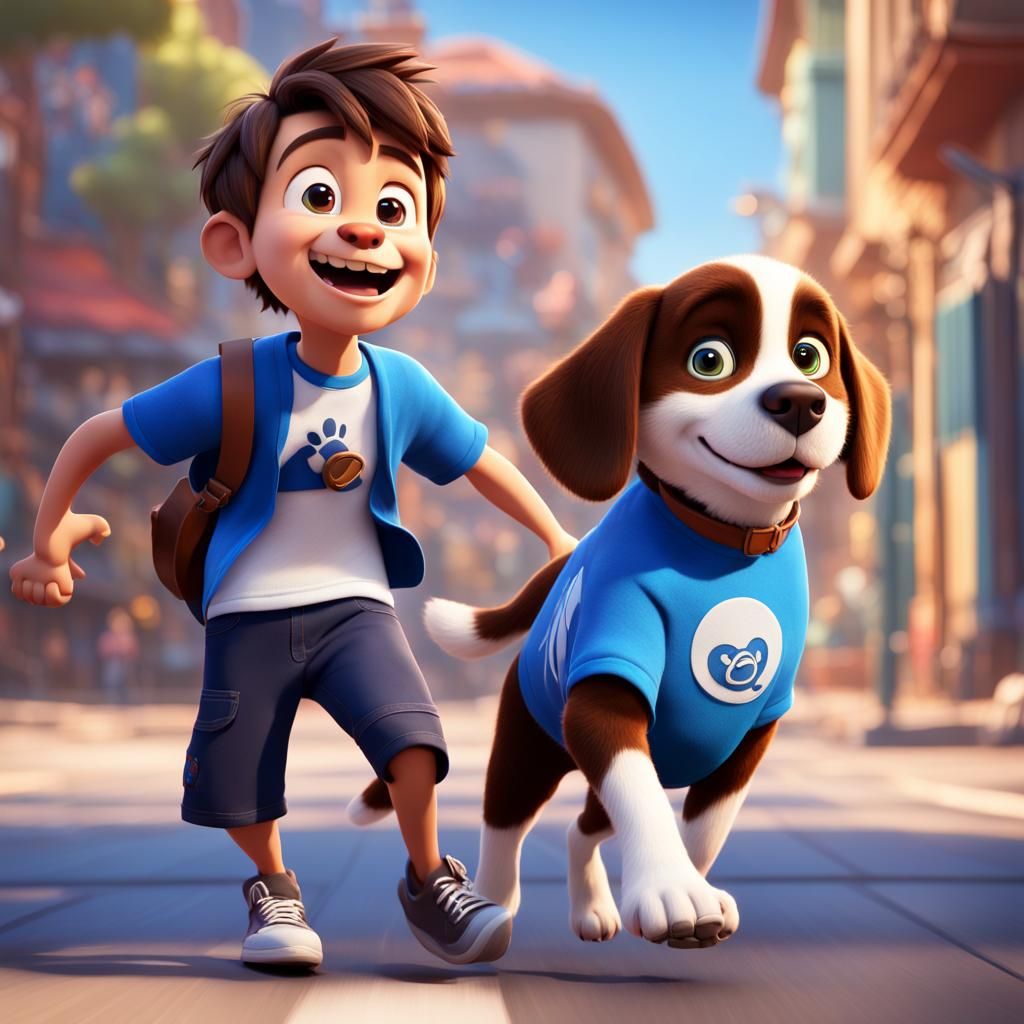 Happy Blue Dog Greets Boy: 3D Digital Art