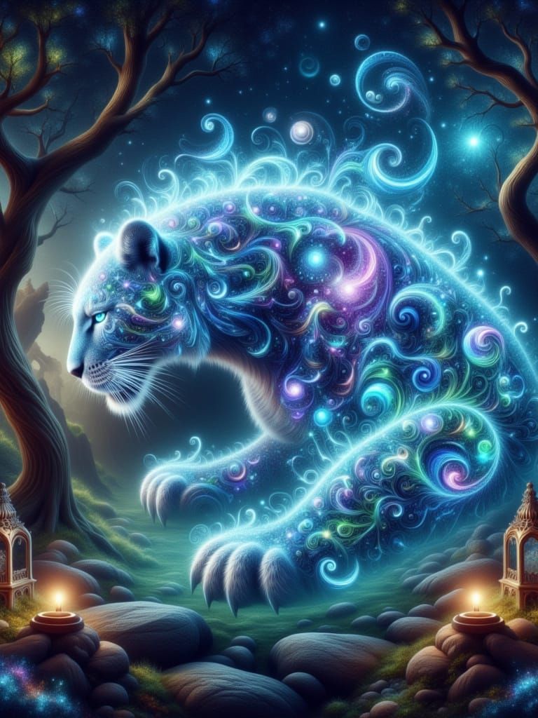 Majestic, Holographic Jaguar in Fractal Patterns