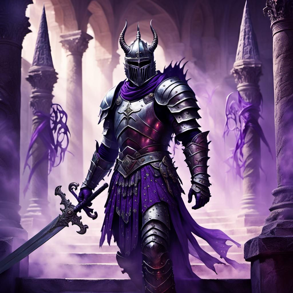 Terrifying Knight in Demonic Armor on Temple Steps