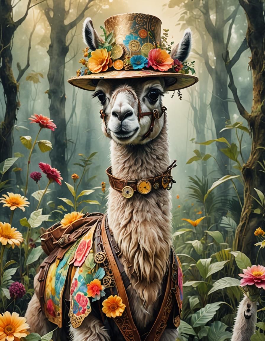 Llama in Floral Panama Hat: Steampunk Photorealism