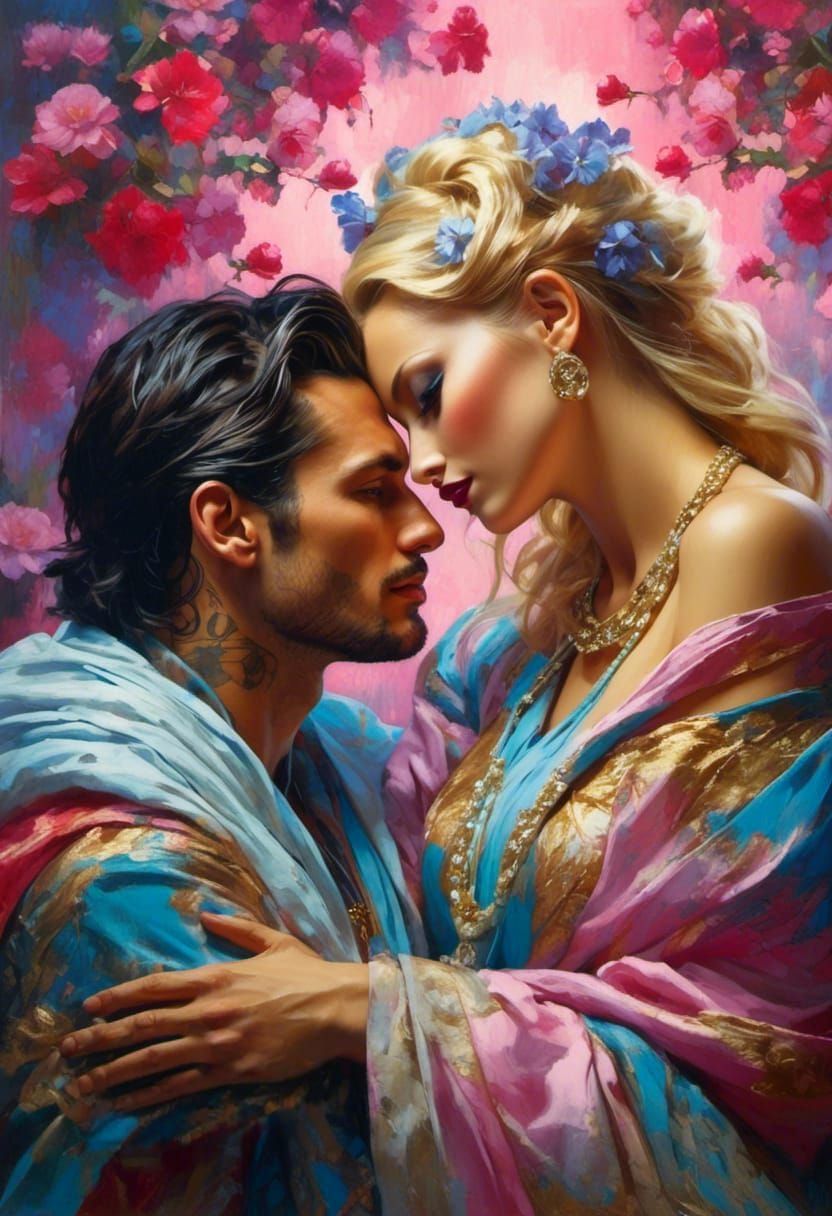 Romantic Garden Embrace in Art Nouveau Style