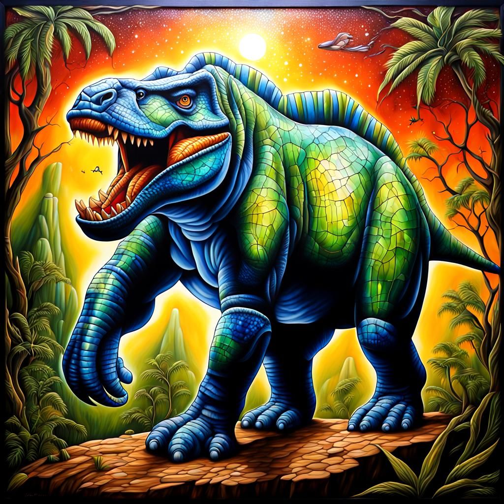 Prehistoric Scene in Sparkling Stained Glass Style