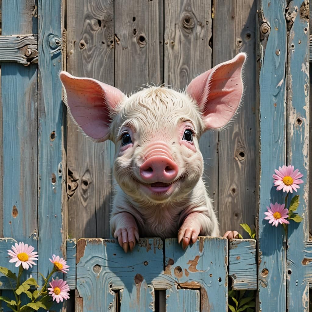 Piglet Peeking Through Fence in Whimsical Style
