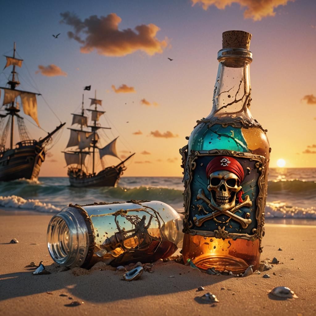 Pirate Ship in a Bottle on Beach at Sunset