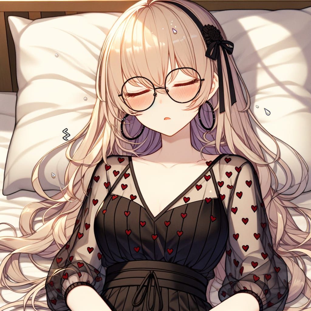 Sleeping Anime Girl in Black Jumpsuit with Heart-Shaped Patt...