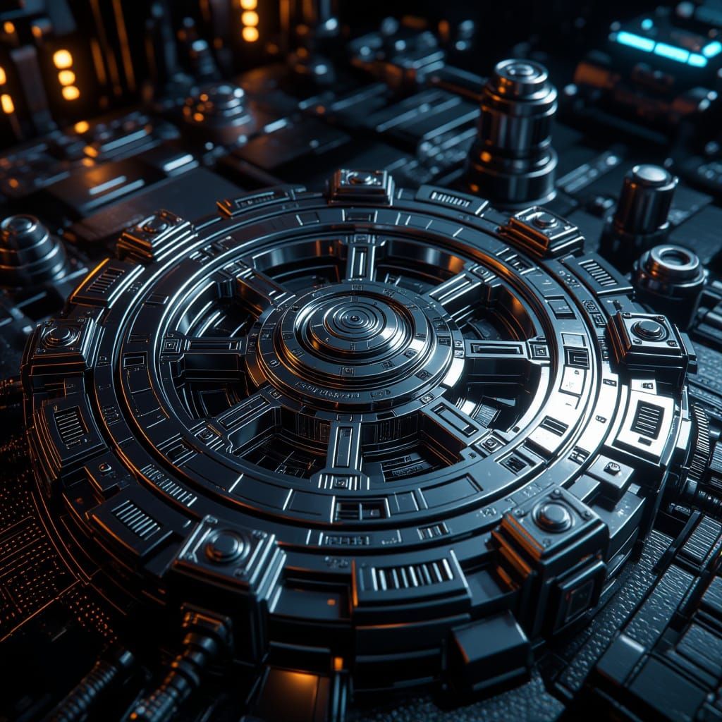 Intricate Sci-Fi Mechanical Details in Dramatic Atmosphere