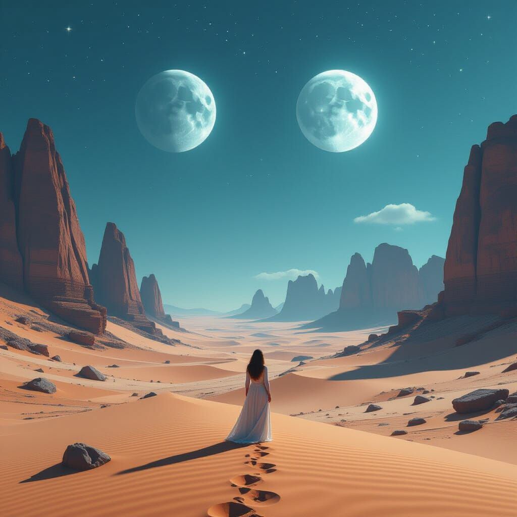 Solitary Woman in Alien Desert Under Twin Moons
