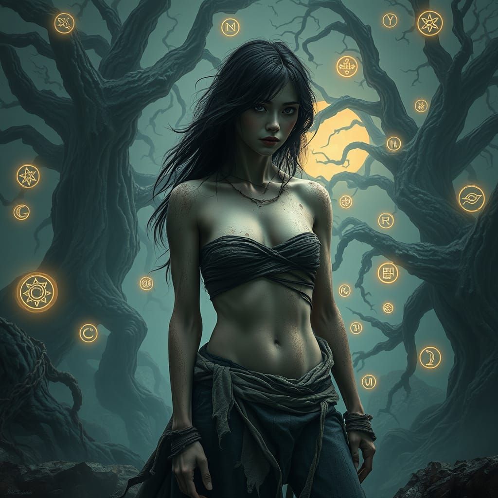 Gaunt Woman in Ancient, Mystical Landscape