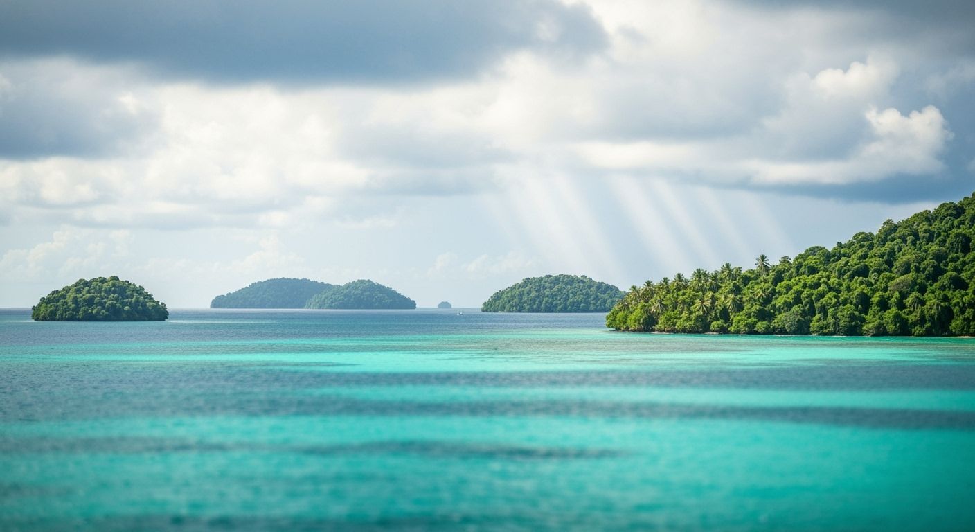 Tropical Sea with Lush Islands and Sunlit Waters