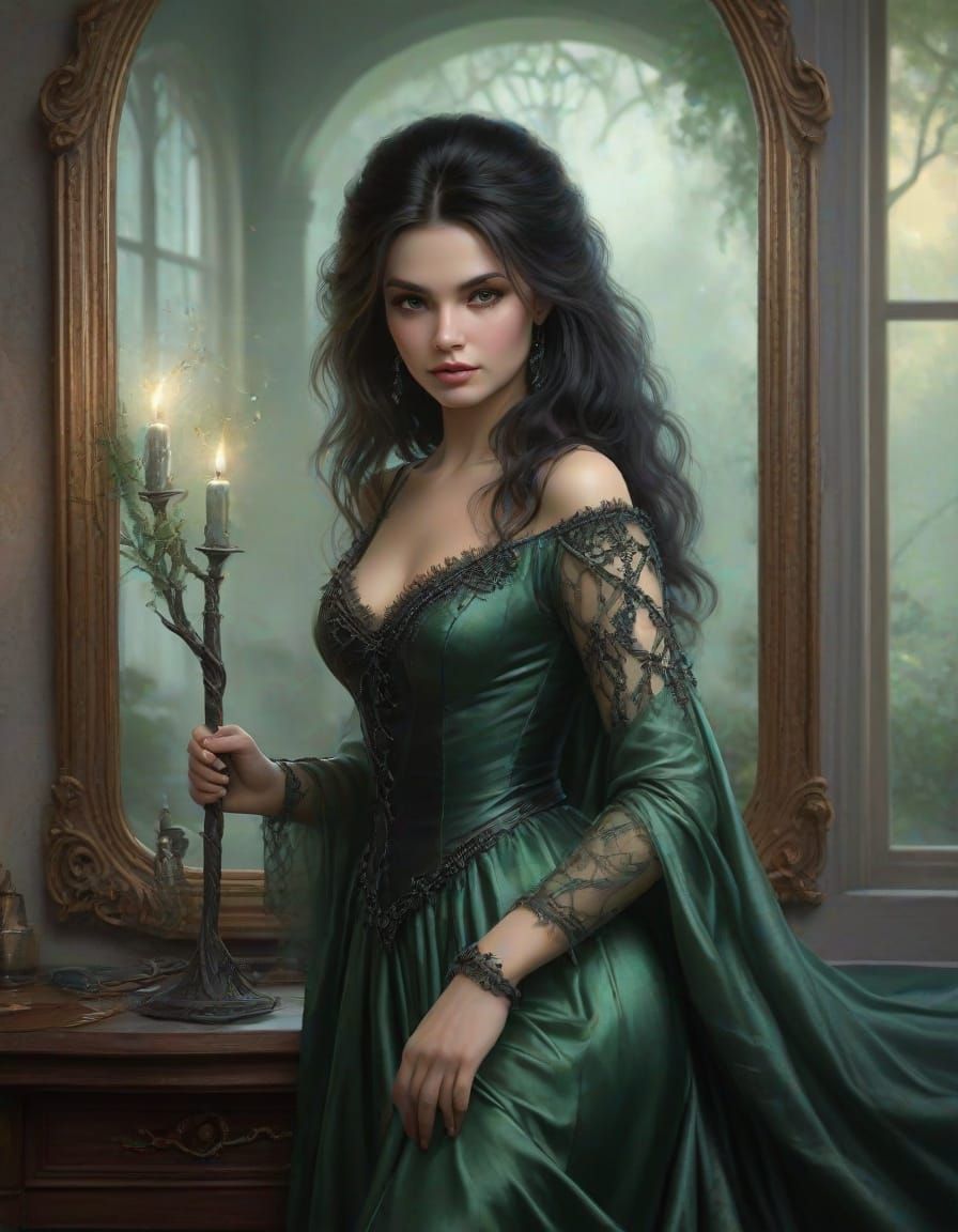 Ethereal Fantasy Witch Weaves Magic in a Whimsical Home Sett...