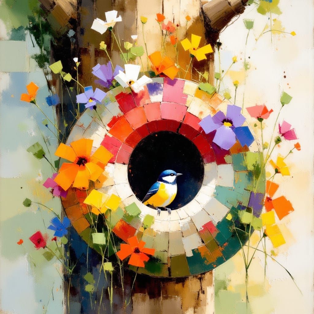 Colorful Birdhouse with Titmouse in Watercolor Style
