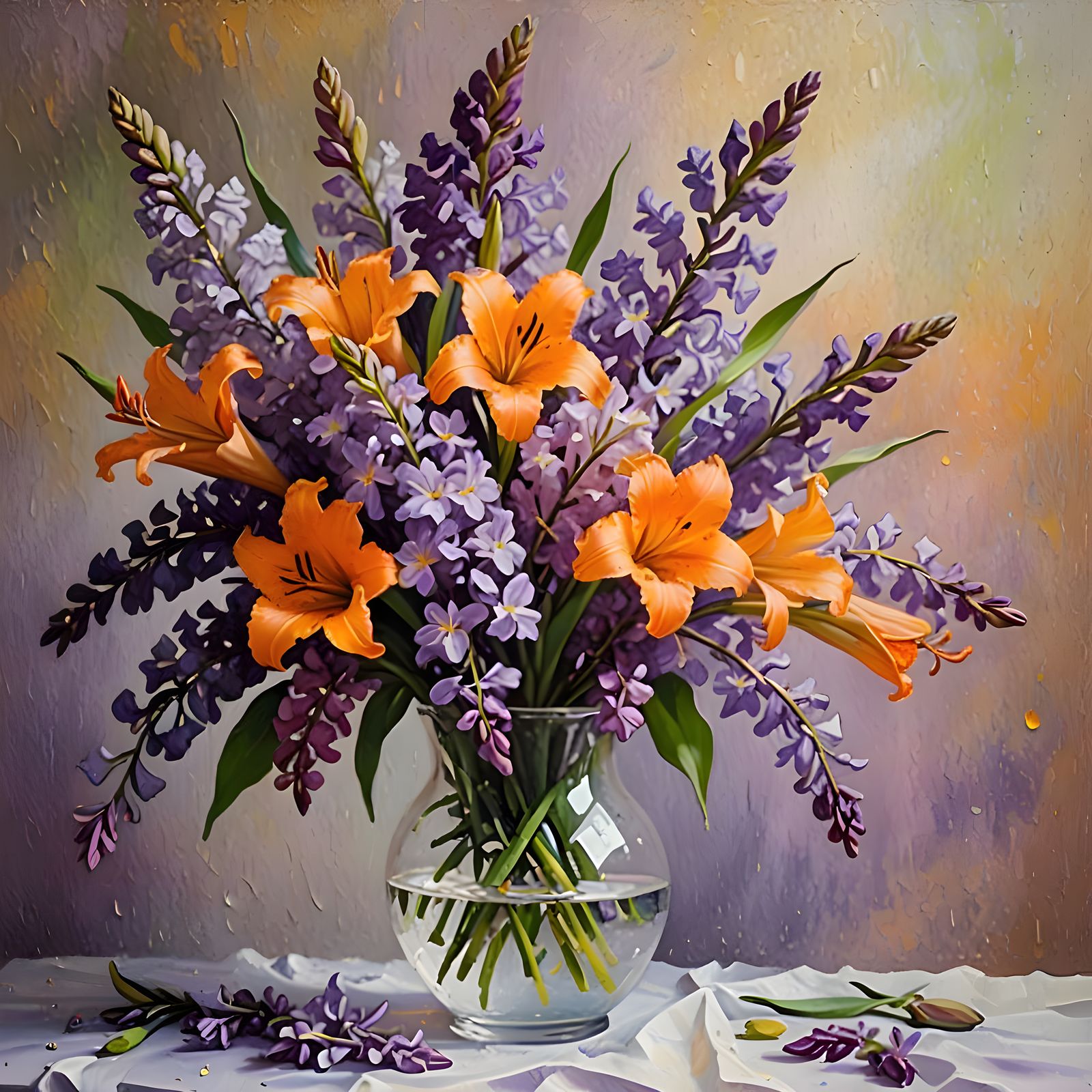 Impressionist Lilac Bouquet in a Clear Vase