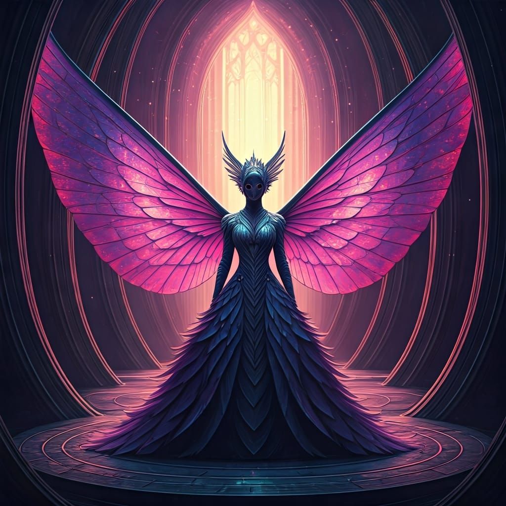 Mystical Creature in Metal Forest, Futuristic Landscape