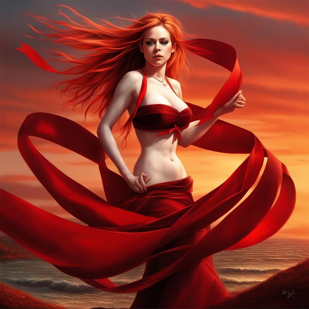 Fantasy Redhead with Flowing Ribbon in Sunset